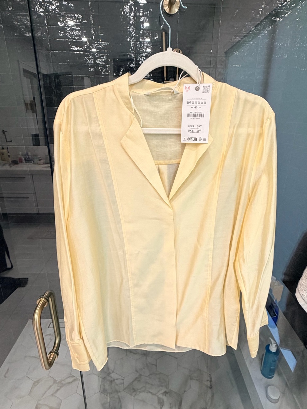 Zara Pale Yellow V-Neck Button Blouse